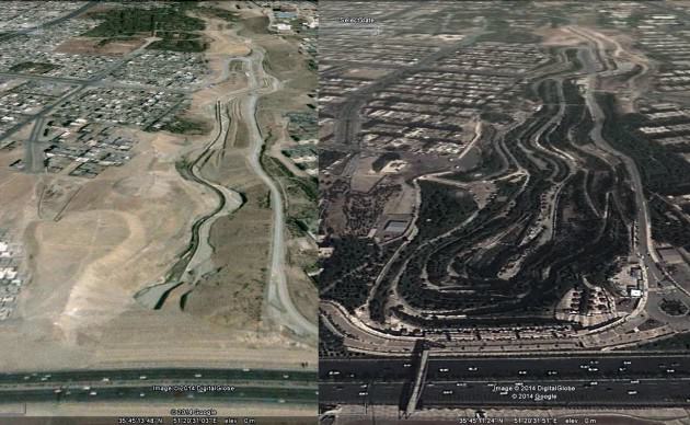 Farahzad river valley before (2004) and after (2014) rehabilitation. Source: Google Earth