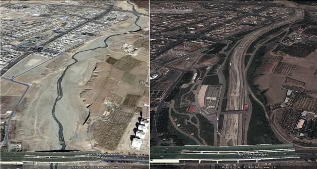 Kan river valley before (2008)(LEFT) and after (2014)(RIGHT) rehabilitation. Source: Google Earth.