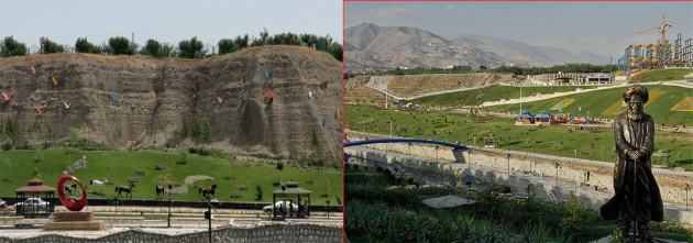 Left: The dominance of ornamental and recreational elements along with poor vegetation. Right: Construction within the boundary of river valley threats the buffer zone and river scenery! Source: tafrih.ir