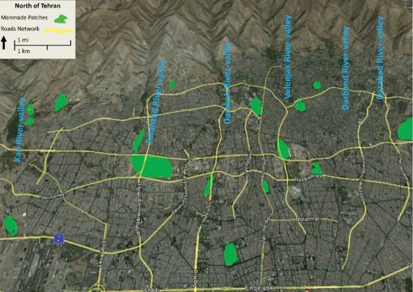 Tehran’s landscape network: natural & manmade corridors and patches. Source: Google Earth.