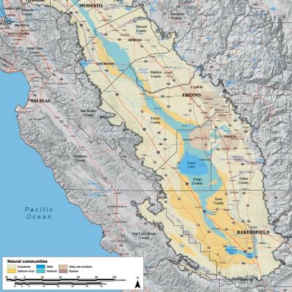 A map from the Endangered Species Recovery Program (itself now extinct) showing the "natural" vegetation communities covering the Central Valley.