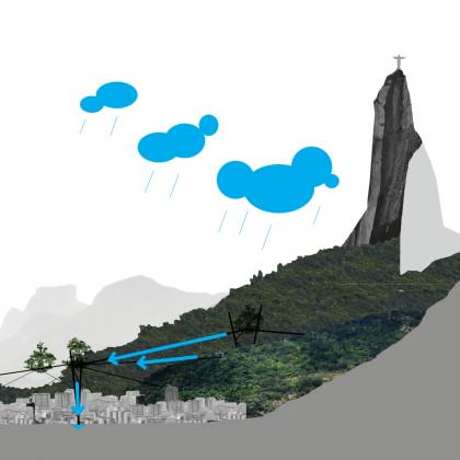 Hydrological diagram/render of suspended wetlands and thicket connected to lost underground riversthrough lianas and wires