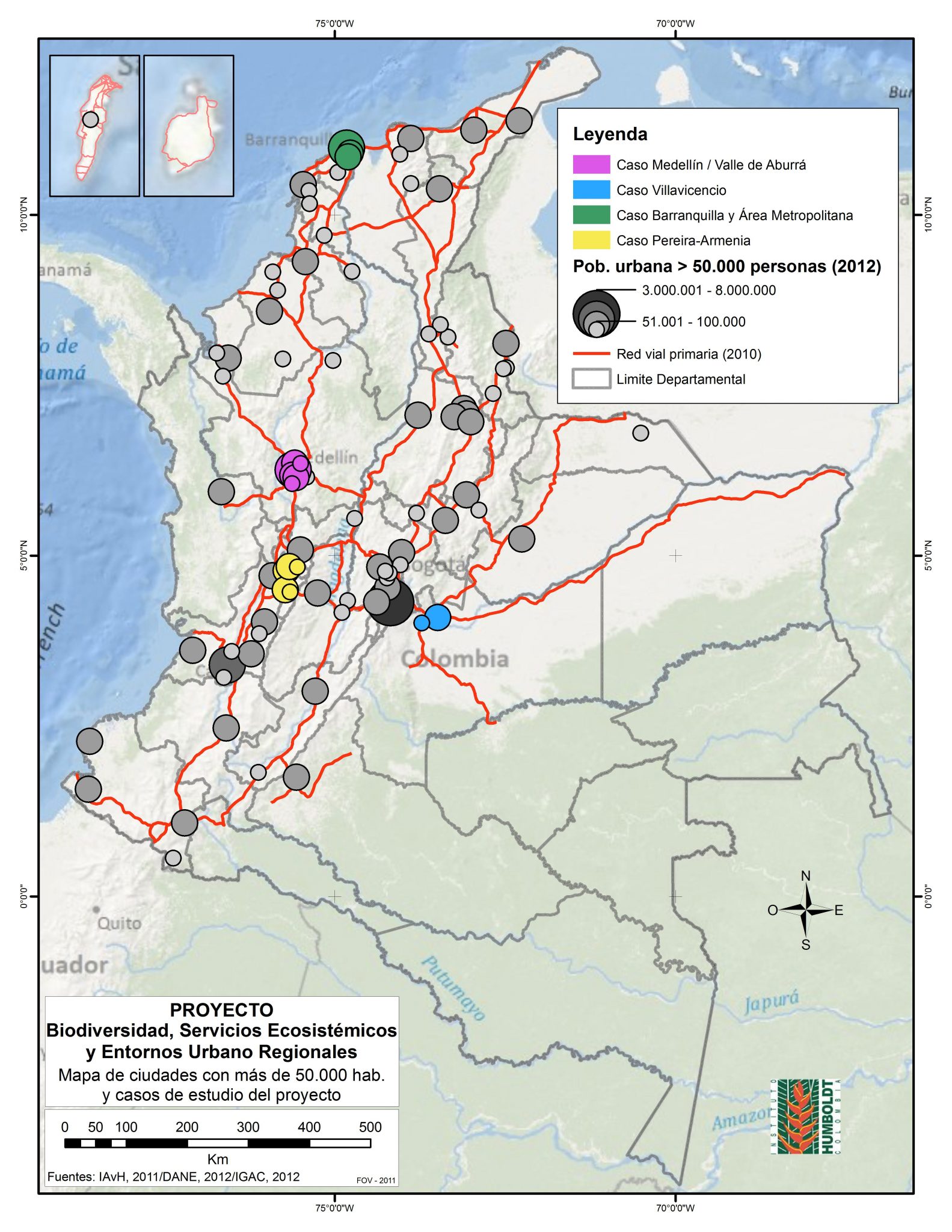 Population distribution and main cities. Source: Instituto Humboldt, 2011