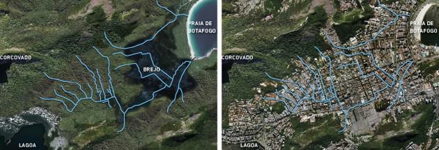 Humaitá, antes e depois da ocupação humana. Crédito: P. Martin, baseado no Atlas da evolução urbana da cidade do Rio de Janeiro, Eduardo Canabrava Barreiros