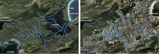 Humaitá, avant et après l'occupation humaine. Crédit: P. Martin à partir de l'Atlas da cidade Evolução urbana da do Rio de Janeiro, Eduardo Barreiros Canabrava