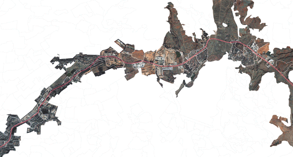 Kunming, China. Narrative #3. A patch change narrative of how road edges change. The rule here is every patch that is adjacent to a road (pink line) is shown. What this reveals the transition whereby a local road is eclipsed by a ring road, and a connection to a new international airport (out of frame.) In making this drawing I wondered about the people who use the road. Does this type of drawing resonate in any way with their lived experience of witnessing this change as a commuter? Later when I visited Kunming (also called ground truthing) I felt like I was inside this drawing. I “knew” the area in a strange way, and of course it was completely alive in incredibly detailed and sensorial ways that can never be learnt remotely. Credit: Victoria Marshall and Colin Macfadyen