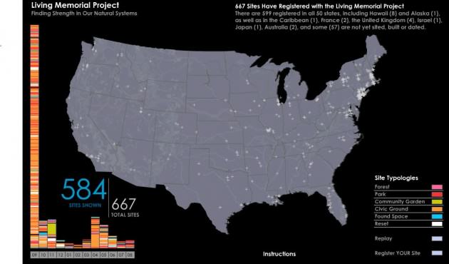 The USDA Forest Service project Living Memorials illustrates the power of the memorialization mechanism.  This map depicts Living Memorial sites memorializing 9/11 across the U.S. Image: courtesy of US Forest Service Living Memorials Project