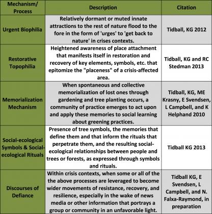 Processes and mechanisms theorized to explain why people turn to greening in crisis. Credit Keith Tidball