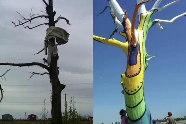 Trees and tree symbols figured prominently into the discourse around the tornado in Joplin, as demonstrated in early New York Times reporting on the disaster.  Residents recognized the power of trees as social-ecological symbols and reshaped the discourse in Joplin, using the tree symbols to point to brighter futures. Photos: Keith Tidball