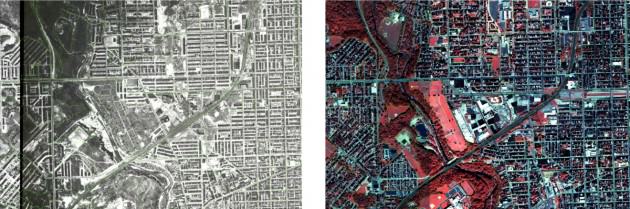 Gwynns Falls, Baltimore Flyover imagery comparison: Left 1960 (approx), Right 2006 Credit: BES LTER