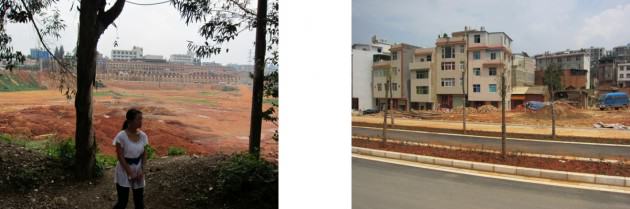 Kunming, China. Ground Truthing. Top: New highway gradient. Mid: Village life under the unopened highway. Low: Red earth. Credit: Victoria Marshall