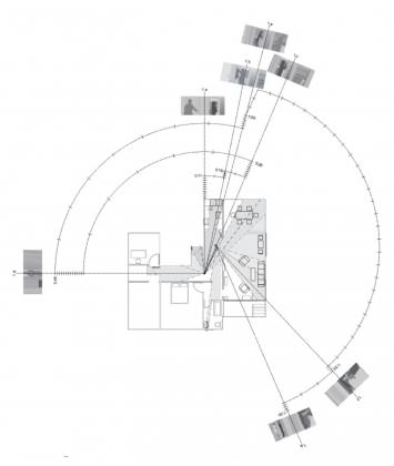 Mapping of the panning camera in middle sequence of Jean-Luc Godard’s Contempt: coming home, bathing, getting change and going out. While Ozu’s camera shifts around the perimeter of the scene in three stationary positions, Godard’s camera is located in the center of the apartment and continuously pans as the actors move around from room to room. The diagram repeats the same grey tone depicting in plan what is captured within the film frame, but also adds a time line where each line indicates one second around the arcs generated by the panning camera.