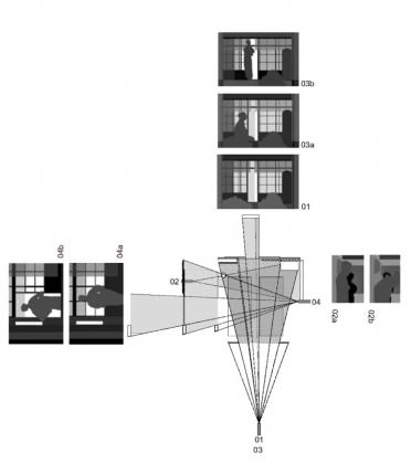 Mapping of the three still camera positions of the opening sequence of Yasujiro Ozu’s Early Spring: getting up in the morning. Numbers indicate the three positions of the camera. The drawing indicates in grey the area that falls within the camera cone of vision over the plan of the room. Drawings of the scenes captured in each film frame are depicted on top and the sides of the plan, representing the shifting position of the camera around the room and also closer or further away from the actors.