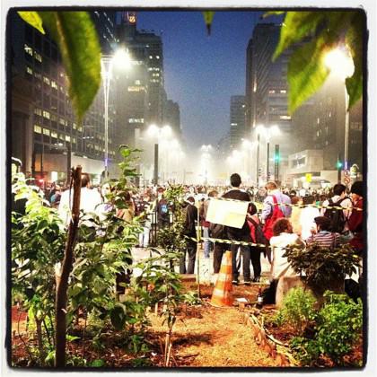 São Paulo during a protest at Avenida Paulista, the center economic and financial district of the city seen from inside the Bikers Vegetable Garden (Horta do Ciclista)  done by Hortelões Urbanos – a group of citizens concerned with healthy food and direct contact with nature. Photo: Fernanda Danelon