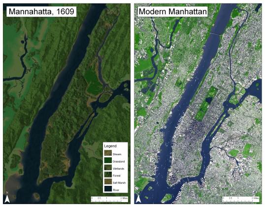 The Manhatta Project: Manhattan as it probably was in 1609 (left) and modern Manhattan. Images: © Paul Berg, Wildlife Conservation Society (Eric Sanderson)