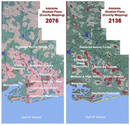 The Shadow Plans for Adelaide and its watershed (partial bioregion). The 1.2m x 2.4m panels cover an area of 30 x 60 kilometres, north is to the left. Metropolitan Adelaide extends some 80 kilometres plus from north to south and the bioregion is larger than that, but the watershed that contains the central city of Adelaide was chosen to make the mapping achievable. Image: Paul Downton