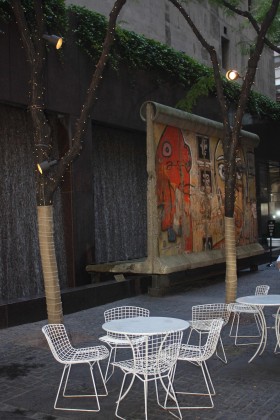 A small park in Midtown Manhattan (53rd St), with a waterfall, and a piece f the Berlin Wall. Photo: David Maddox