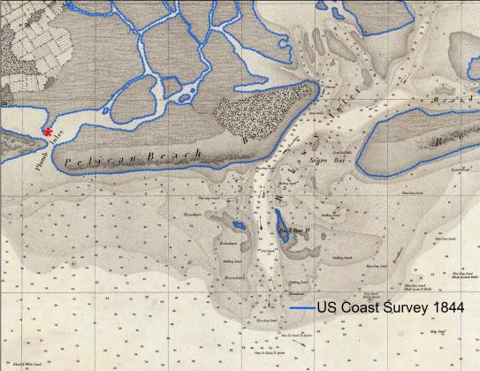 The Rockaway Inlet between Queens and Brooklyn, on the south side of New York City, as shown on an 1844 U.S. Coast Survey chart.  The shoreline is highlighted with a dotted blue line.  Chart courtesy of the David Rumsey Map Collection.