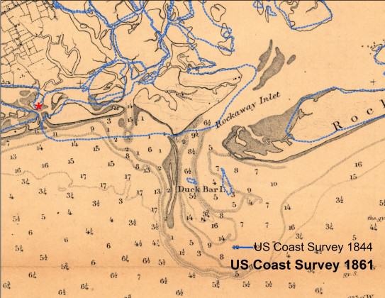 The Rockaway Inlet between Queens and Brooklyn in 1861, based on a U.S. Coast Survey chart.  The blue line is the shoreline from seventeen years before.  Chart courtesy of the NOAA Historical Map & Chart Collection.