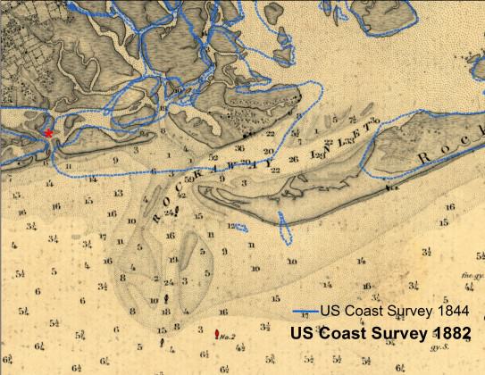 The Rockaway Inlet between Queens and Brooklyn in 1861, based on a U.S. Coast Survey chart.  The blue line is the shoreline from seventeen years before.  Chart courtesy of the NOAA Historical Map & Chart Collection.