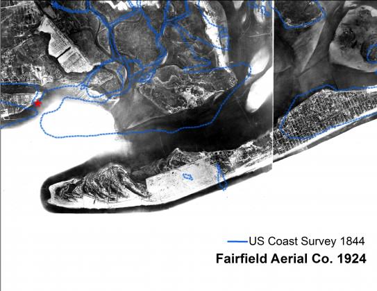 The Rockaway Inlet between Queens and Brooklyn in 1924, based on a photograph from the Fairfield Aerial Company.  The blue line is the shoreline from 80 years before.  Photograph courtesy of Fred Mushacke at New York State DEC / georeferencing by Eymund Diegel.