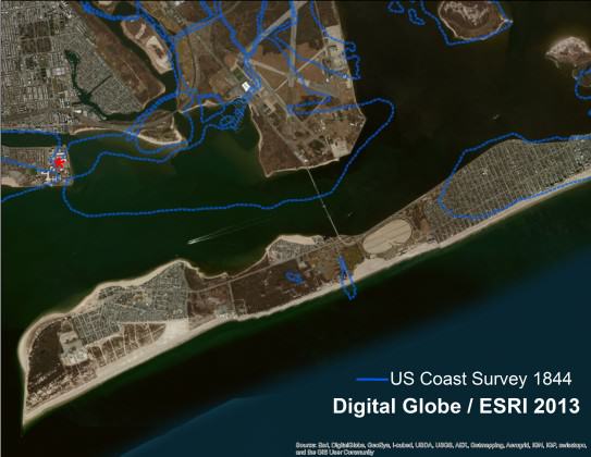 The Rockaway Inlet between Queens and Brooklyn in 2012, based on a satellite imagery.  The blue line is the shoreline from 166 years before.  Imagery courtesy of Digital Globe, served by ESRI