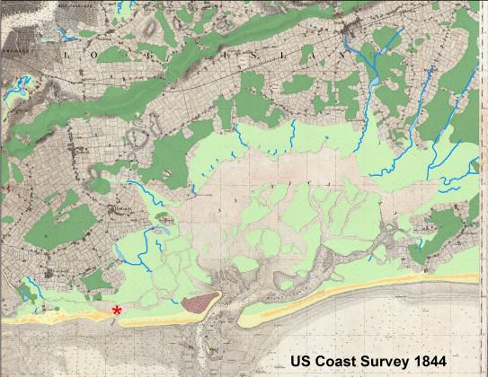 The Jamaica Bay landscape on the south shore of Long Island in the southeastern corner of New York City, as shown on this 1844 U.S. Coast Survey chart, highlights nature’s plan for coastal storms.  Broad beaches with dunes on barrier islands protect lagoons fringed with tidal salt marshes.  Marsh islands, and possibly eelgrass meadows (not shown) grow in the interior.  Chart courtesy of the David Rumsey Map Collection / digitizing by the Welikia Project.