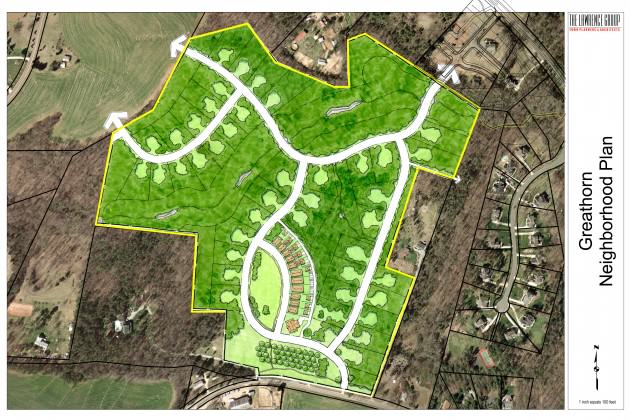 Master site plan for The Woodlands at Davidson, North Carolina, which contains a wildlife corridor down the middle. Courtesy of the Lawrence Group.