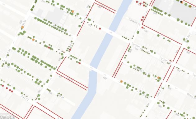 Trees mapped by volunteers at the Gowanus Canal Conservancy in Brooklyn, working with TreeKIT. Source: TreeKIT