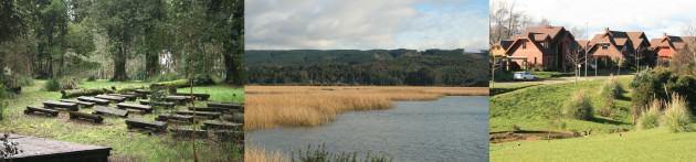 . South wetland areas. In these areas, nature and society interact in different manners (from left to right): Environmental education program facilities; the wetlands at the south of the city contribute to reduce the effect of floods; new suburbs use the natural slope to integrate the water system into the recreation areas. Photos: Paula Villagra