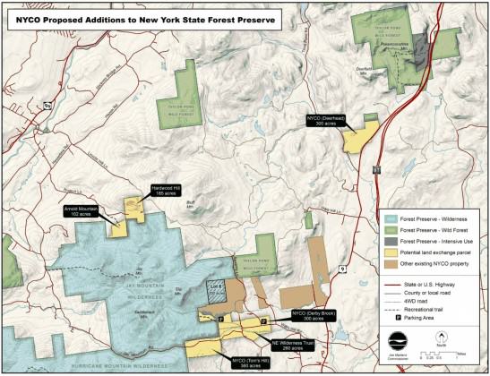 Map showing existing NYCO wollastonite mines (brown), 1 km2 mine expansion as the hatched area cutting into the Jay Mountain Wilderness (blue) and 7 km2 land swap (yellow). Obtained at http://www.adirondackalmanack.com/