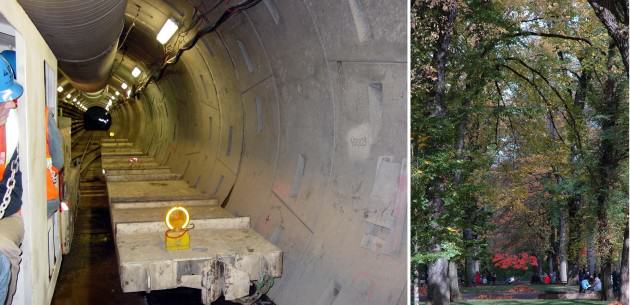 Grey Infrastructure such as Portland's Combined Sewer Overflow "big pipe" (LEFT) is essential to the city's efforts to clean up the Willamette River by virtually eliminating sewer overflows, but it it is a single, purpose "out of sight,out of mind" solution with none of the additional benefits provided by green infrastructure such as Portland's Park Blocks (RIGHT) which attenuate stormwater, reduce urban heat island effect, provide migratory bird habitat and beautify downtown Portland.  RIGHT: At the other range of the size spectrum built green infrastructure like this curb extension not only protects the city's $1.44  billion investment in its Combine Sewer Overflow program by keeping stormwater out of the city's grey, piped system but also create a more aesthetic green street and contributes to traffic calming, improving quality of life in the neighborhood. 