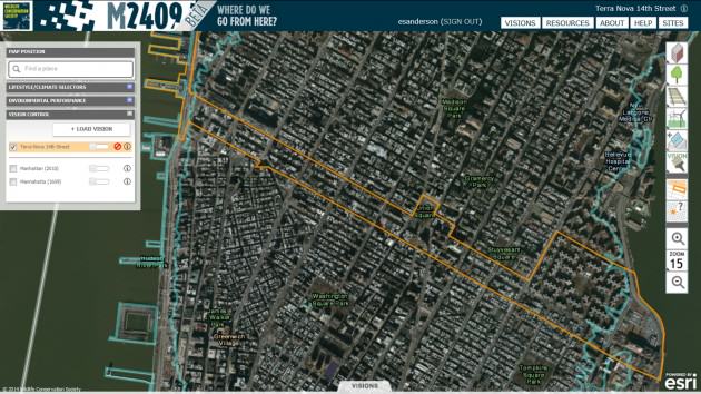 Fourteenth Street is a major thoroughfare, business and residential district on Manhattan in New York City.  The orange line indicates the extent of the vision.  It is defined with the vision extent tool, which is the top tool of the second set of tools on the right side of the interface.