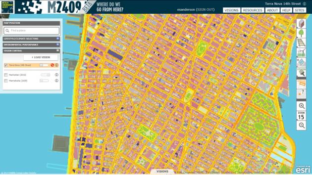 Manhattan today is also composed of ecosystems, albeit ones constructed by people.  Reds and pinks indicate different building types; yellows and oranges, different transportation types; and blue, estuary waters.  The ecosystem painting tools are the top set of six boxes on the right side of the interface.  The second tool in the second set provides a grid inspector, which allows users to select any cell and interrogate its identity in the vision, 2010 and 1609.