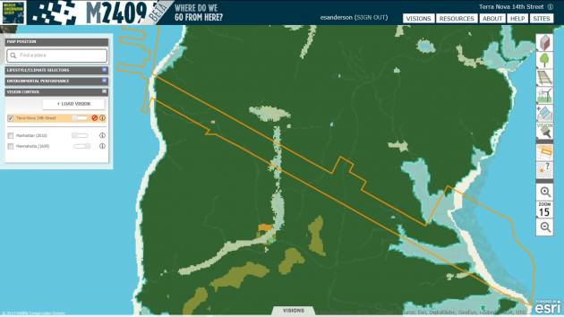 Mannahatta2409.org provides access to a reconstruction of the ecosystems of Manhattan Island four hundred years ago.   Ecosystems are mapped over a 10 x 10 m grid system.  The dark green indicates oak-hickory forest, shades of light blue are different kinds of wetlands, beaches are light yellow, and the estuary waters of the Hudson River (left) and East River (right) are blue.