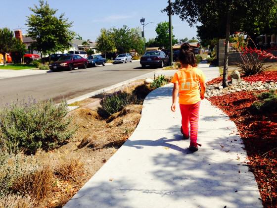 3-year old walking on Elmer Avenue, a green street pilot project in Sunland, CA