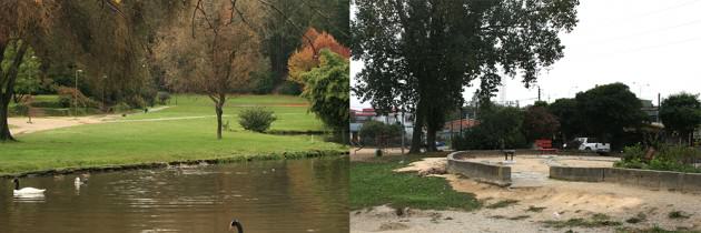 Figure 2. Different intervention types (landscape management to the left and landscape design to the right) at the Los Patos and Mendez lagoons, Concepción. Photos: Paula Villagra