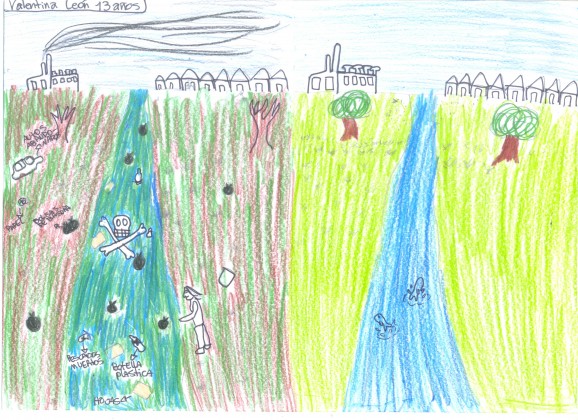 To the left of the picture dark colours showing litter, death trees and fish, and a contaminating industry near their homes. To the right, harmony between the urban fabric and the nature nearby. Drawn by Valentina,13 years old