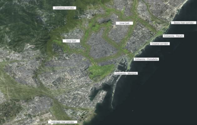 Proposed urban green-corridors network to be implemented in the city of Barcelona