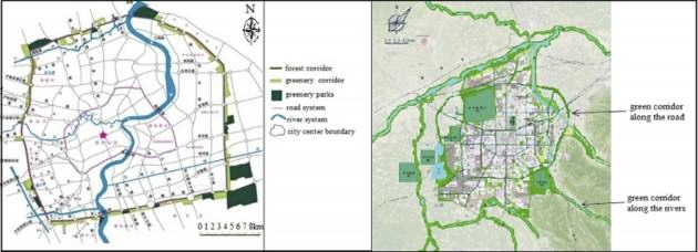 Shanghai and Xi’an green corridor plan, the left is for Shanghai and right is for Xi’an. Source: Shanghai City belt Institution of Construction and Management, and Xi’an Urban Planning and Design Bureau.