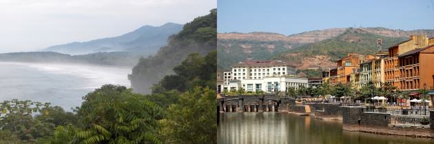 LEFT: Costa Rican rain forest. Courtesy of Whitney Hopkins. RIGHT: A lake city Near Pune. Lavasa. Photographer: Mayur239. License: Creative Commons Attribution 