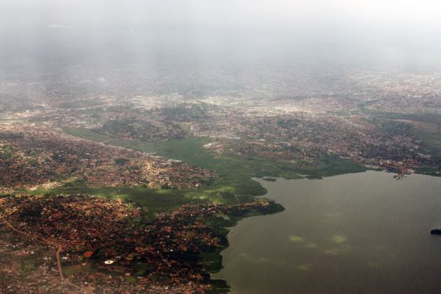 Aerial view of Kampala, showing the wetlands and hills adjacent to Lake Victoria. Photo: Doreen Adengo