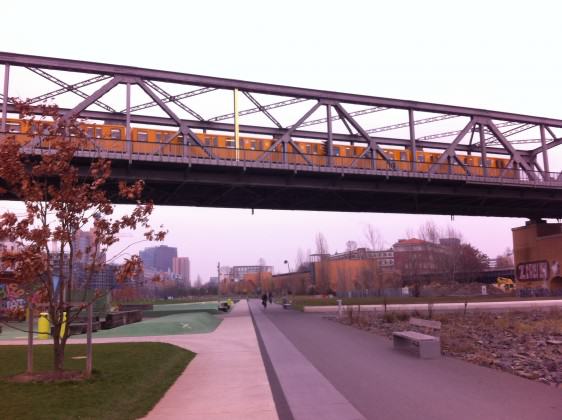 A winter view of the western half of Am Gleisdreieck Park, including the U-Bahn infrastructure. Photo: Katharine Burgess