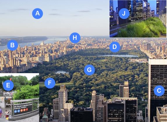 The Urban Microbiome. Microbes in the city can be found in the atmosphere (A), water (B), buildings (C), roads (D), subways (E), soil (F), vegetation (G), combined sewer overflow (CSO) outfalls (H), and green roofs (J). Background Image: Alfred Hutter 