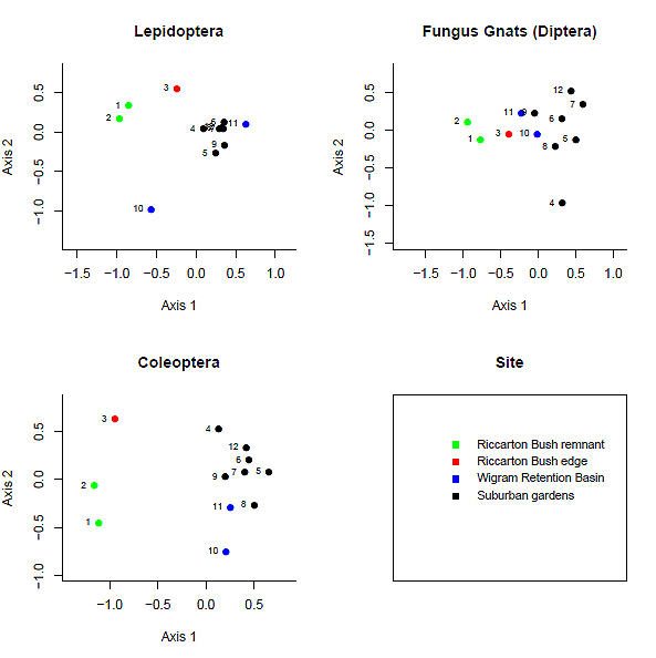 Two-dimensional nonmetric multi-dimensional (NMDS) ordinations for all 3 groups of invertebrates at the 12 sites in 2003. The distance between sites on the ordinations is a relative measure of their similarity in composition. Image: Denise Ford