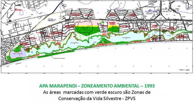 Green on the map is nature reserve, but the zoning code was changed to allow a golf course (and a huge real estate business, its real purpose) in a questionabe process. Light and dark green toghether make the Marapendi Protected Area around Marapendi Lagoon