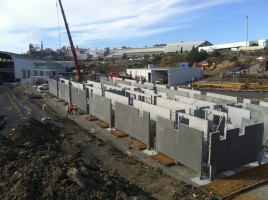 The new Brooke St ferry pontoon under construction on its own slipway, showing its internal diaphragms. 