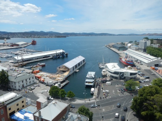 The new Brooke St ferry, now anchored in its new home in Sullivans Cove, Hobart’s port.