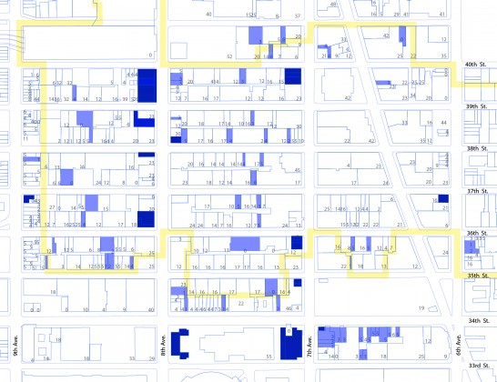 Credit: Yanisa Chumpolphaisal. The colors on the map can be read as follows: Light Blue - billboard corners, Dark Blue - sandwich spaces. Numbers mark the height of the buildings. Yellow border is the historic district where many setback roof spaces are found – a response to the 1911 zoning code that set building height and bulk limits in order to provided for light and air in the street canyon – creating a ‘wedding cake’ urban form. 