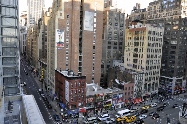 Credit: Victoria Marshall. As seen here from the roof of the Port Authority Bus Terminal in New York, there several overlooked, underused spaces that could be green roofs, connected to green walls, connected to the belly of the block and the street, and from there other micro-passageways, corridors, walls, roofs, and other micro_spaces.